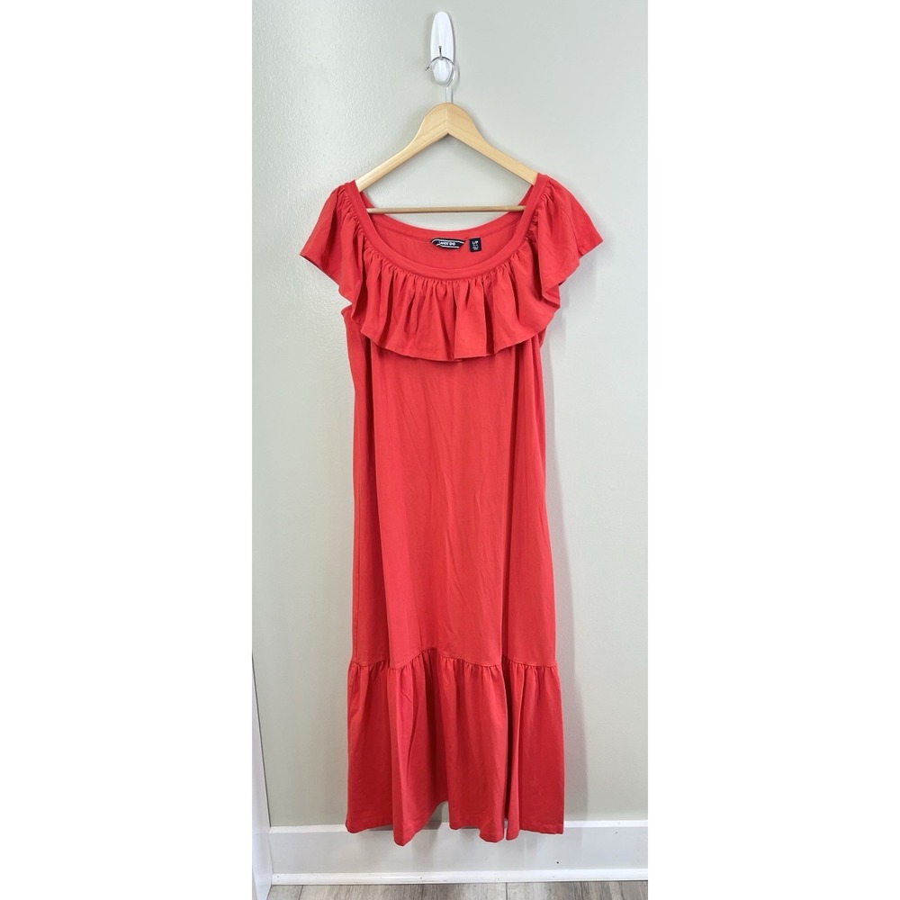 Lands' End Womens Tiered Maxi Dress Coral/Red Ruffle Stretch Cotton L/P (14-16)